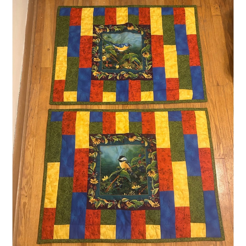 Handmade Quilted Bird Pillow Shams Set 2 Cardinal Chickadee Cottagecore 35x26
